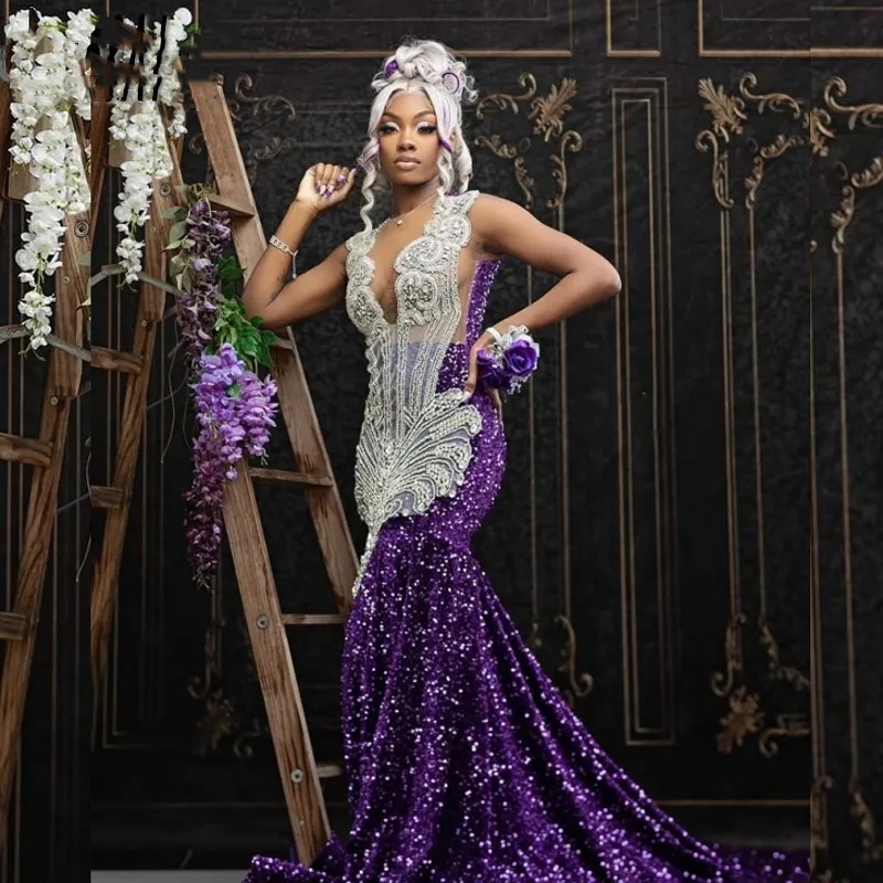 Stunning Purple Prom Dresses For Black Girls Sheer Neck Crystal Sequin Mermaid Party Gowns Long Birthday Outfits