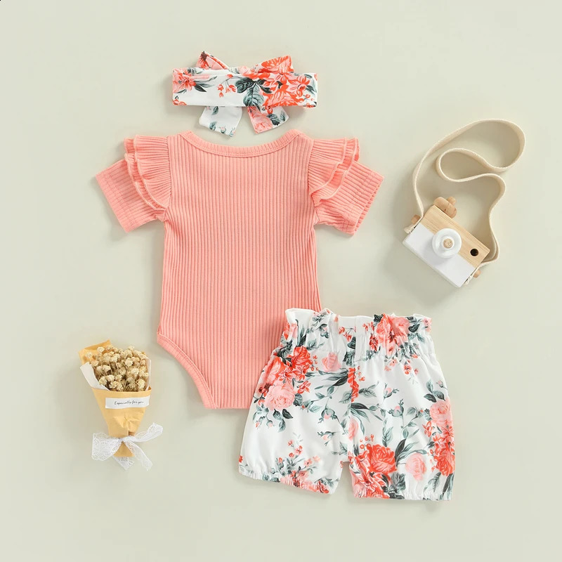 3PCSSet Baby Girl Summer Clothes Ruffle Ribbed Romper Jumpsuit Floral Shorts Headband Outfit Babay Clothing Set 240313