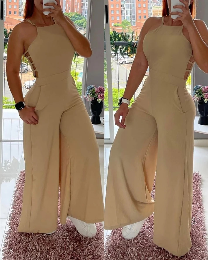 Summer Woman Long Jumpsuits Elegant Hollow Out Sleeveless Wide Leg Jumpsuit Sexy Fashion Casual One Pieces 240313