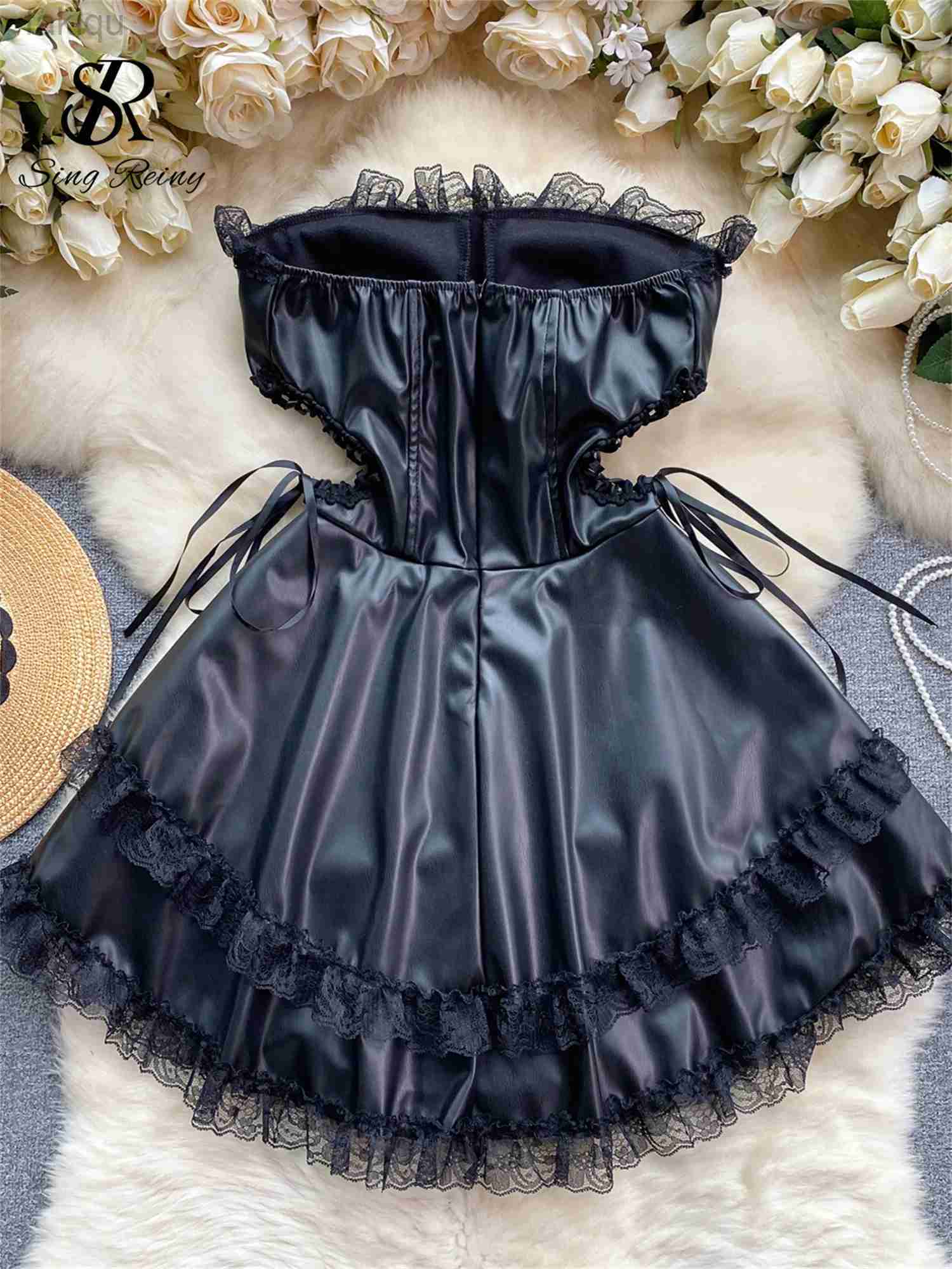 Sexy Pyjamas SINGREINY Leather Splice Lace Nightwear Women Hollow Out Lace Up Sleeveless Zipper Dress Fashion Erotic Cosplay Sexy Pajamas 24318