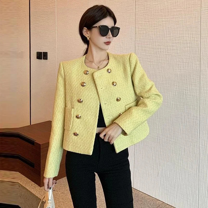 Women Elegant Cropped Tweed Jacket Korean Fashion Double Breasted Long Sleeve Outwear AllMatch Yellow Spring Autumn ONeck Coat 240307