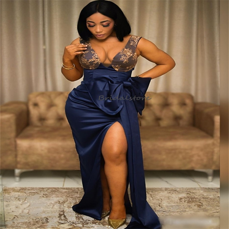 Sexy Navy Blue Plus Size Prom Dress With High Slit Gold Applique Lace Mermaid Evening Dresses With Bow Elegant Black Girls Dance Party Dress Vestios D