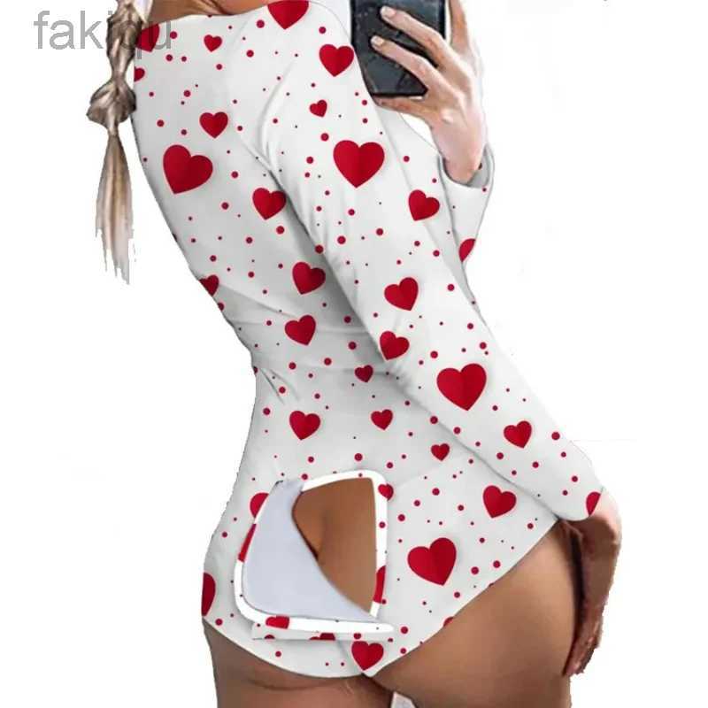 Sexy Pyjamas VEIKEEY Love Heart Sexy Pyjama Women Jumpsuit Long Sleeve Pyjama Button-down Back Butt Bum Open Ass Flap Jumpsuit 24318