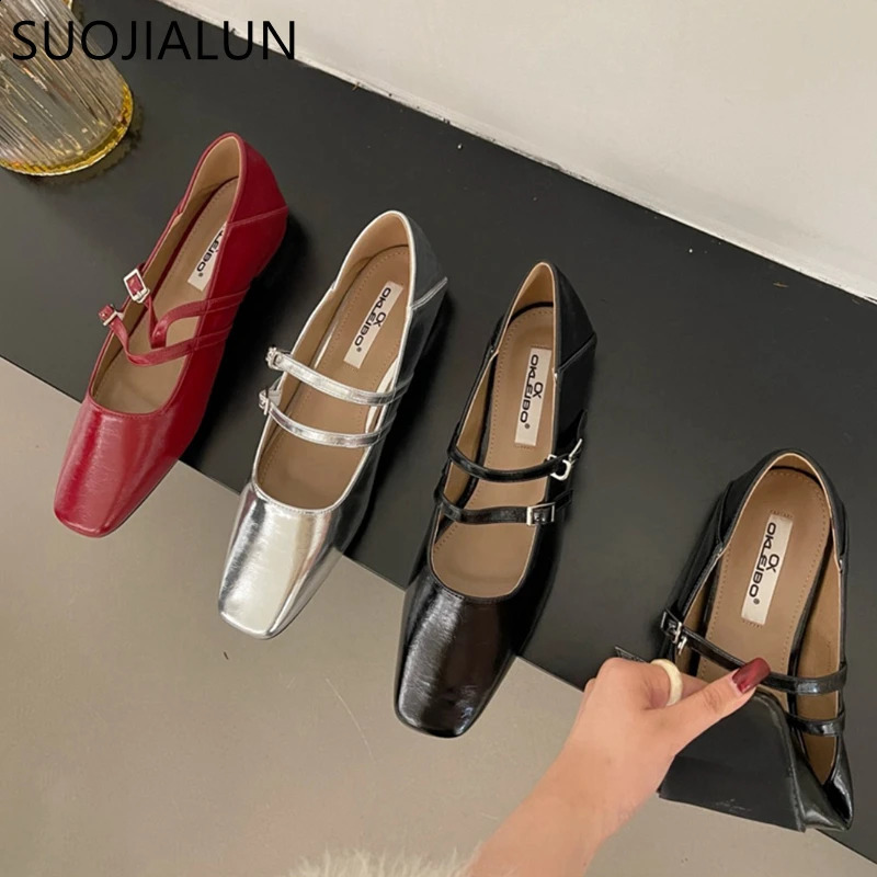 SUOJIALUN Spring Women Flat Shoes Fashion Square Toe Shallow Ladies Mary Jane Ballerinas Flat Heel Casual Ballet Shoes 240307