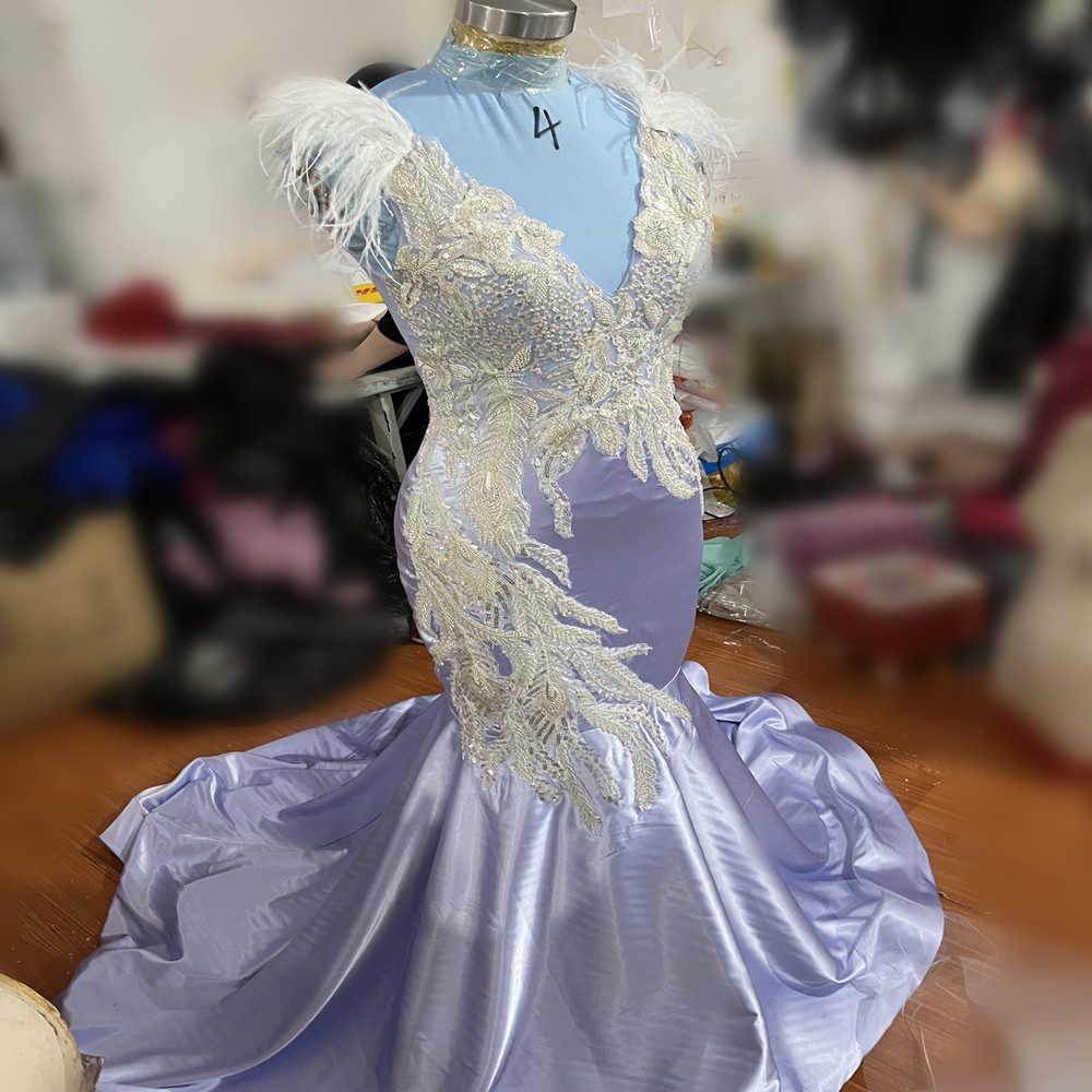 2024 Aso Ebi Lavender Mermaid Prom Dress Lace Beaded Feather Evening Formal Party Second Reception 50th Birthday Engagement Gowns Dresses Robe De Soir