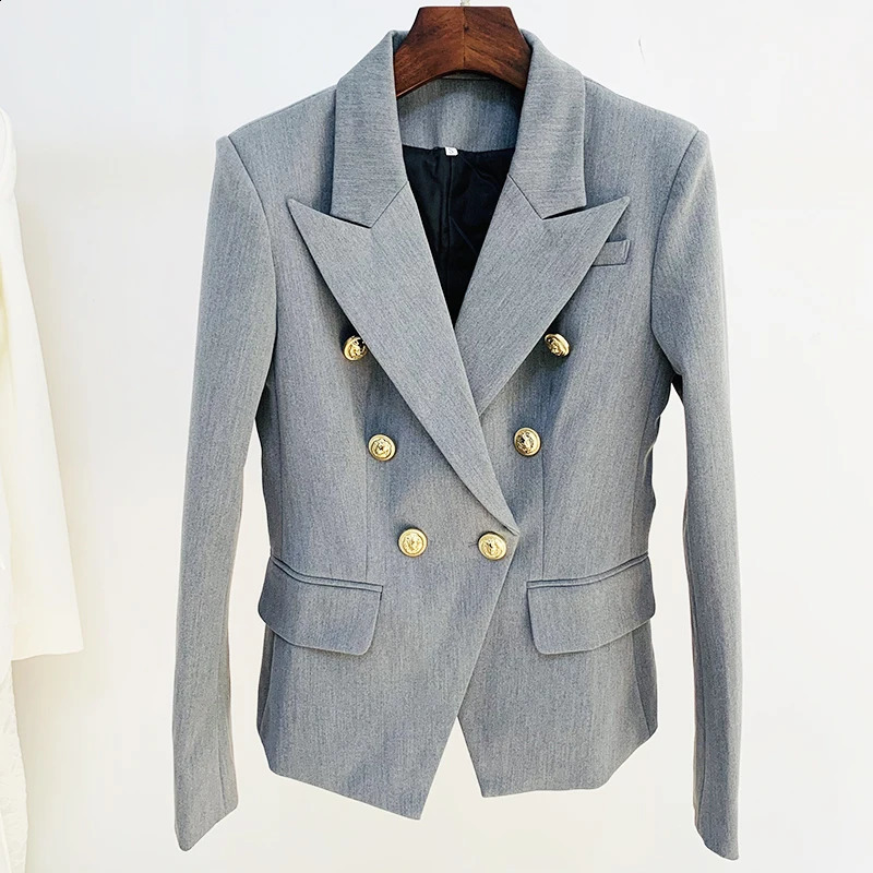 Stylish Designer Pale Grey Lion Buttons Double Breasted Blazer For Women Slim Fit Classic Jacket Star Style Elegance B3