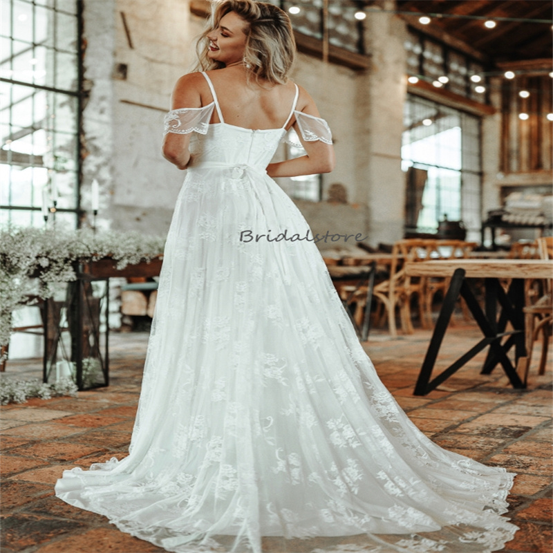 Civil Lace Boho Wedding Dress Spaghetti Straps A Line High Slit Beach Bridal Dresses 2024 Sexy Backless Bohemian Bride Dress Great Gatsby Chic Novias 