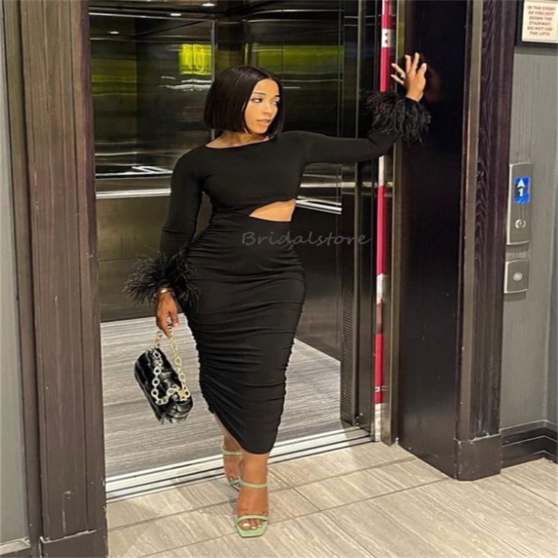 Chic Black Midi Prom Dresses For Black Girls With Feather Elegant O Neck Long Sleeve Maxi Spandex Evening Dress Short Plus Size Clud Cocktail Formal O