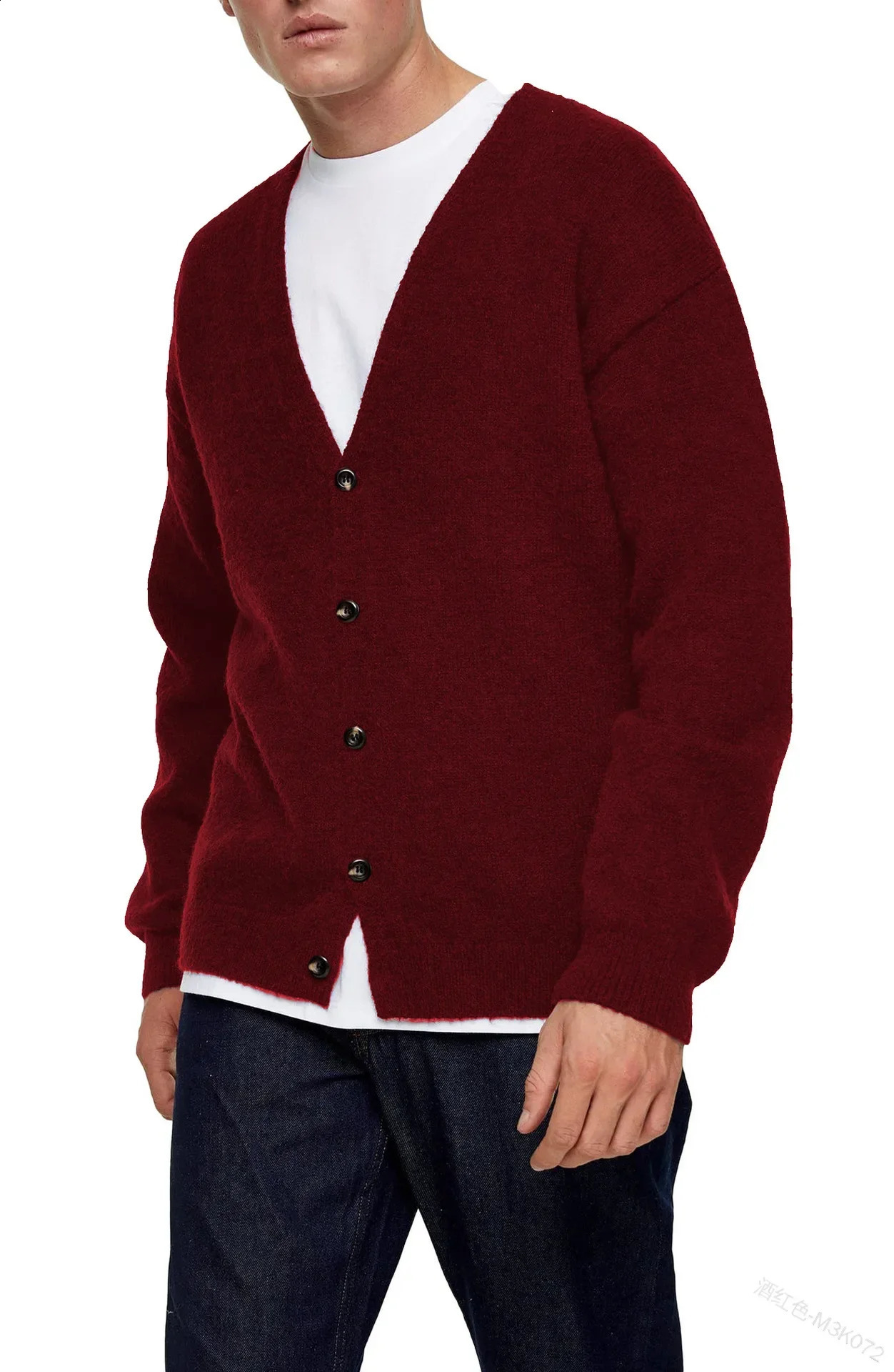 Men Solid Color Vneck Cardigan Long Sleeve Slim SingleBreasted Mens Knitted Shirt Coat 240307