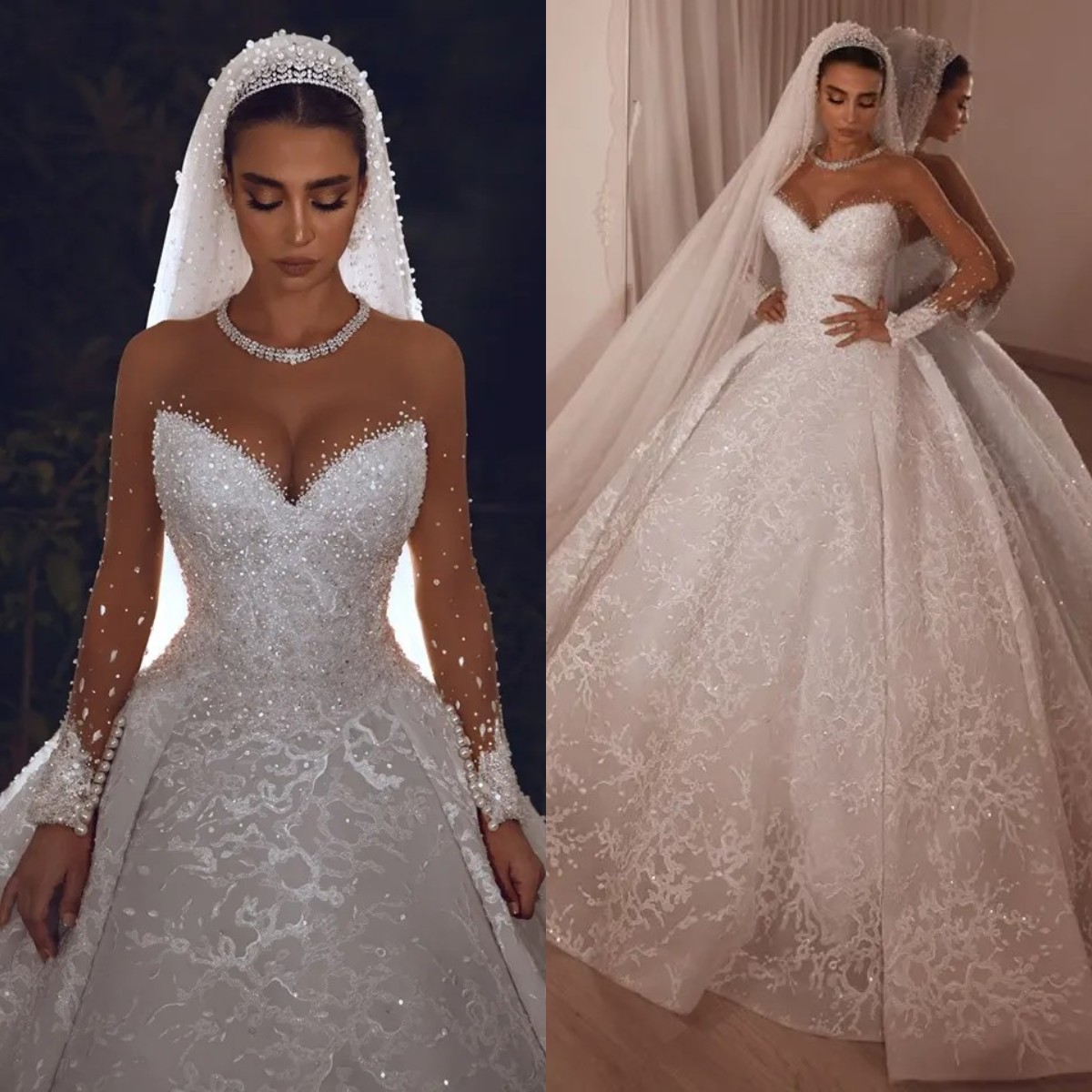 Arabic Vintage Dresses Bridal Gowns Crystal Covered Sheer Long Sleeve Wedding Dress Lace Ball Gown Vestido Novia Robe De Mariage 0616