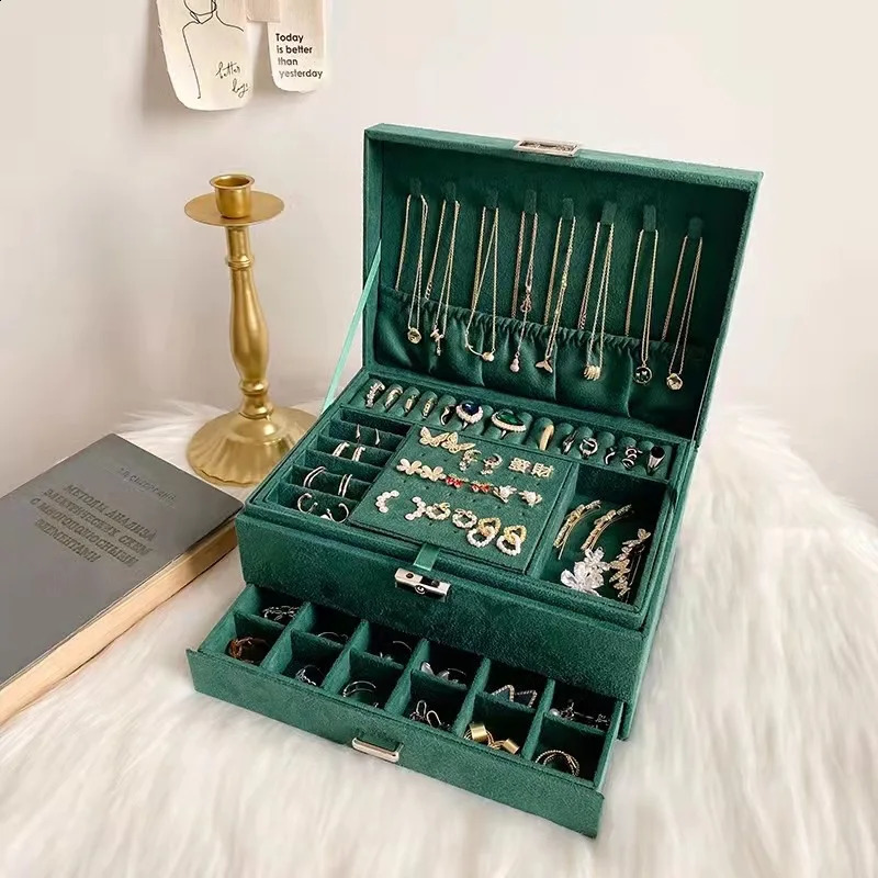 2023 Fashion Style Flannel Double Layer Jewelry Holder With Large Capacity Velvet Jewel Box 240309