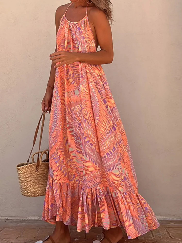 Summer Style Womens Sexy Printed Beach Dresses Bohemian Vacation Spaghetti Strap Halter Laceup long Dress 240318wtt