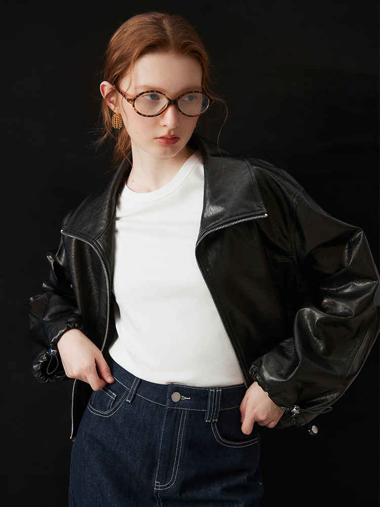 FSLE Retro Casual Black Leather Jacket For Womens Spring Short Women Causal Loose 24FS11359 240307