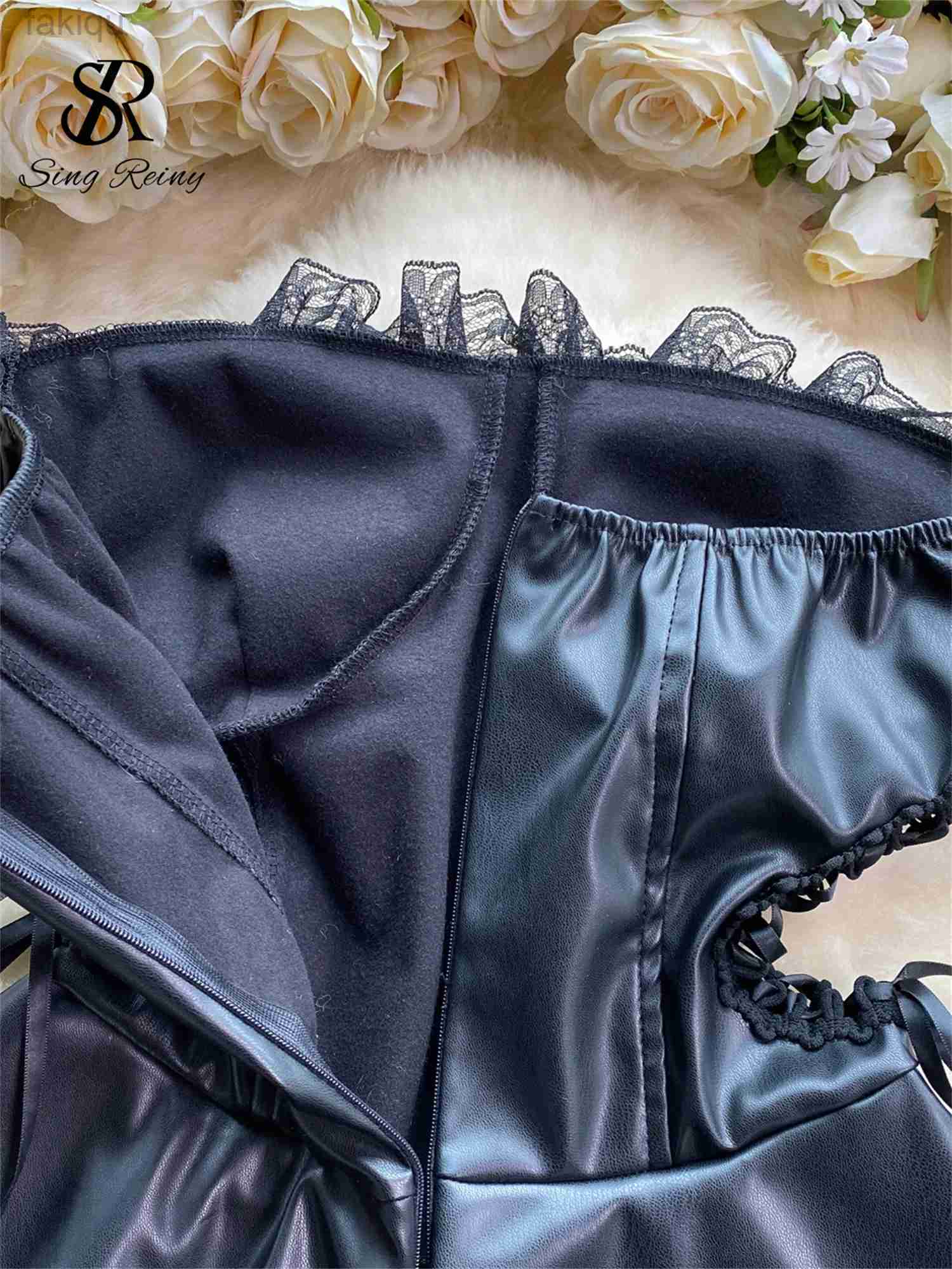 Sexy Pyjamas SINGREINY Leather Splice Lace Nightwear Women Hollow Out Lace Up Sleeveless Zipper Dress Fashion Erotic Cosplay Sexy Pajamas 24318