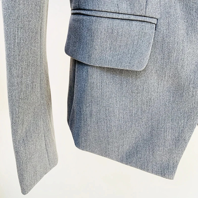 Stylish Designer Pale Grey Lion Buttons Double Breasted Blazer For Women Slim Fit Classic Jacket Star Style Elegance B3