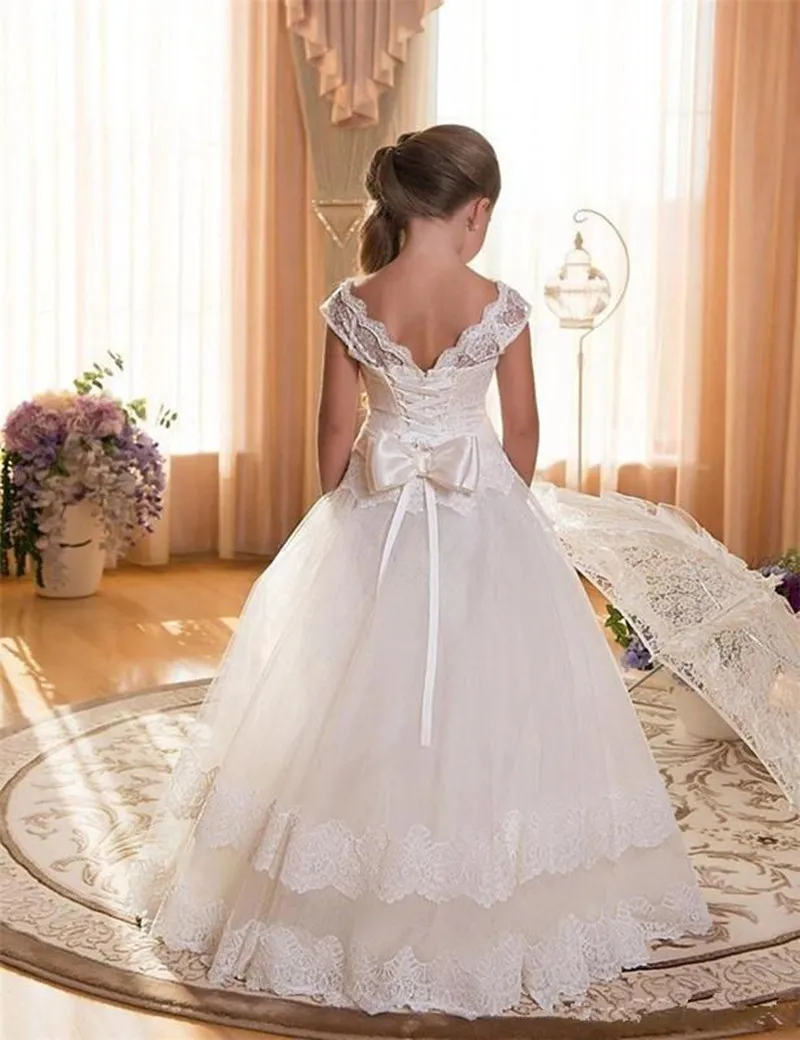 Scoop First Communion Backless Appliques wer Dress Bows Tulle Ball Gown Pageant Dresses for Girls es