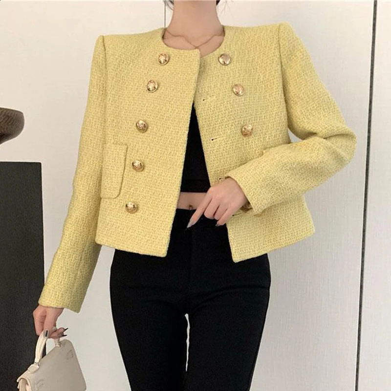 Women Elegant Cropped Tweed Jacket Korean Fashion Double Breasted Long Sleeve Outwear AllMatch Yellow Spring Autumn ONeck Coat 240307