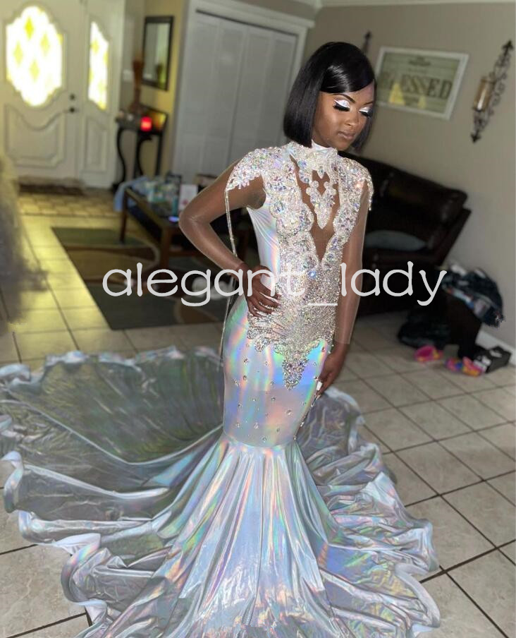 White Sparkly Long Evening Pageant Dresses for Black Girl Luxury Diamond Crystal See Through Prom Gala Birthday Dress 2024
