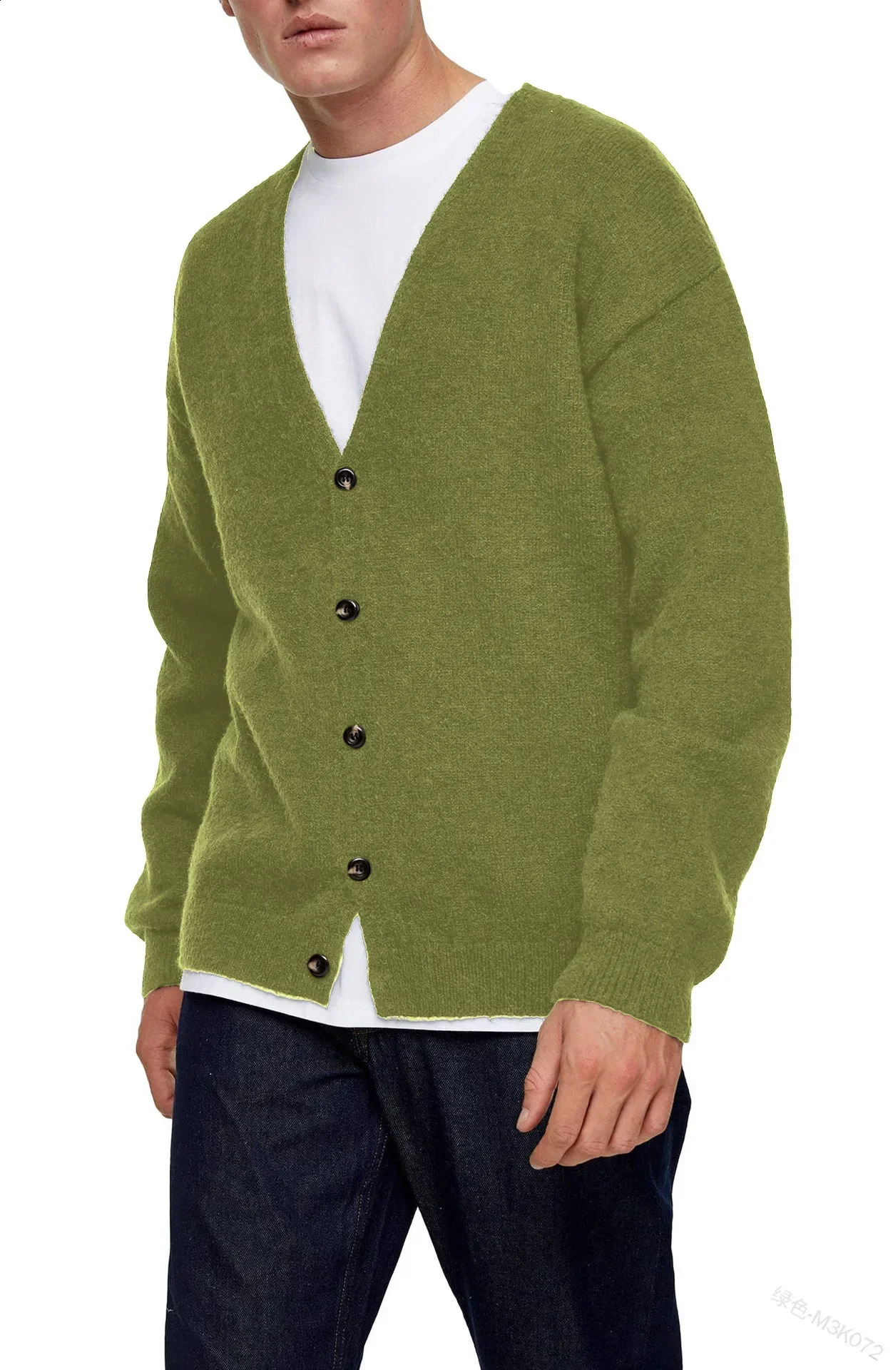 Men Solid Color Vneck Cardigan Long Sleeve Slim SingleBreasted Mens Knitted Shirt Coat 240307