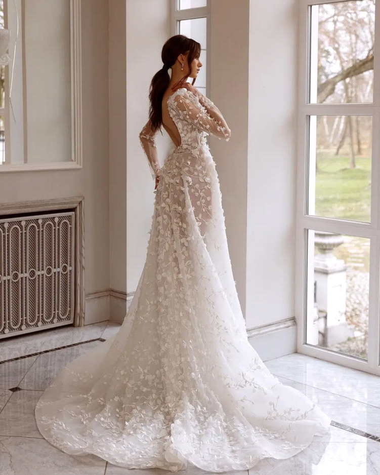 Wedding Dress Gorgeous Lace Flora Appliques Long Sleeves Open Back Bridal Gowns Illusion High Split Robes De Mariage Bc18412 B0313
