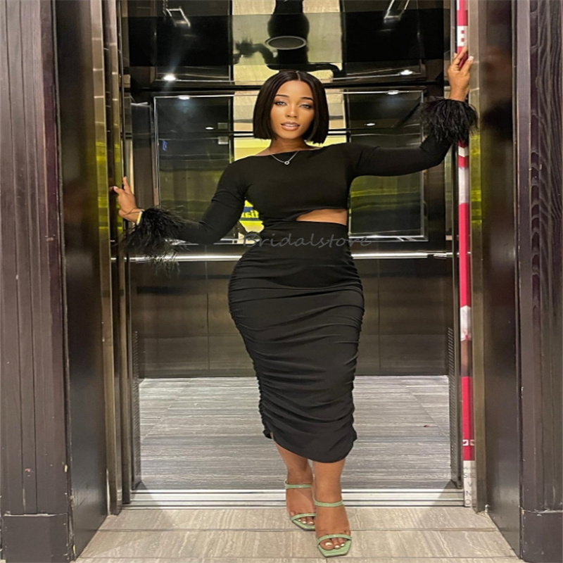 Chic Black Midi Prom Dresses For Black Girls With Feather Elegant O Neck Long Sleeve Maxi Spandex Evening Dress Short Plus Size Clud Cocktail Formal O