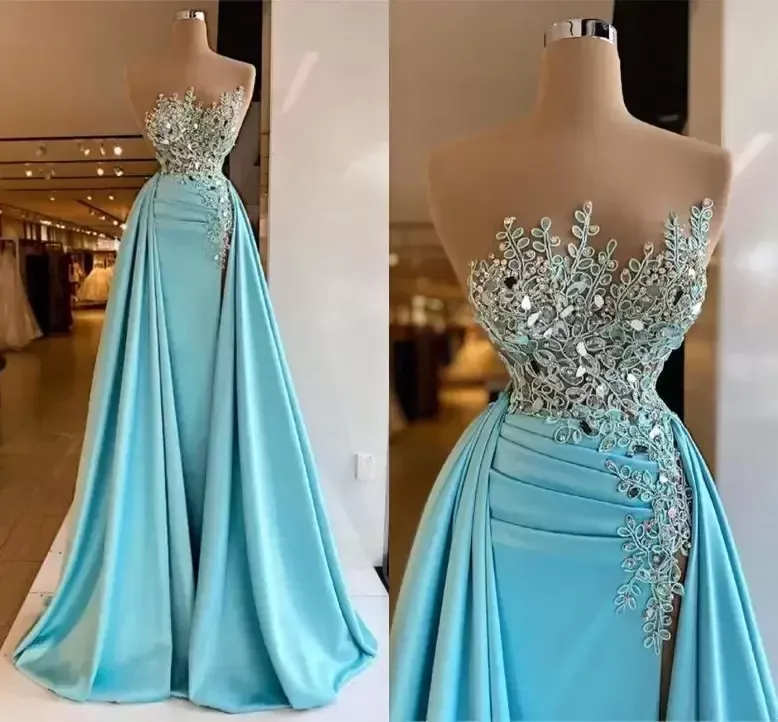 illusion sleeveless Evening Dresses Ruched Side Split Lace Beaded Formal Prom Party Gowns Elegant vestido de novia Custom Made BC13182