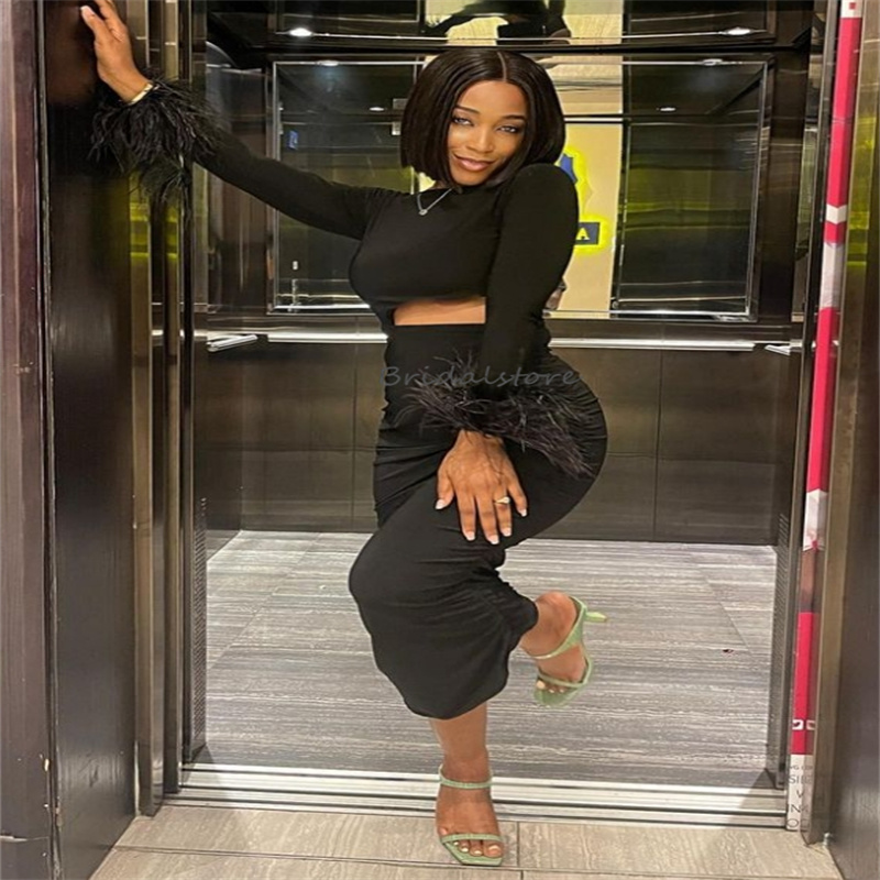 Chic Black Midi Prom Dresses For Black Girls With Feather Elegant O Neck Long Sleeve Maxi Spandex Evening Dress Short Plus Size Clud Cocktail Formal O