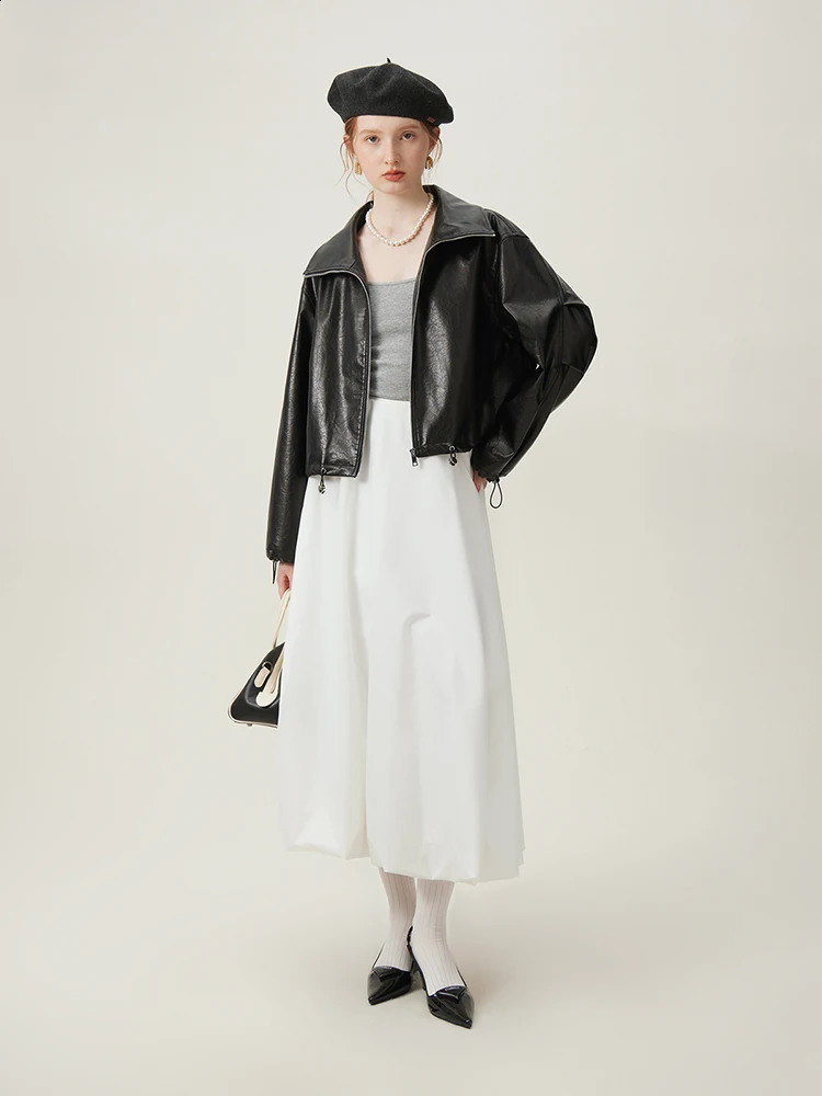 FSLE Retro Casual Black Leather Jacket For Womens Spring Short Women Causal Loose 24FS11359 240307