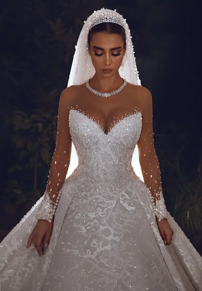 Arabic Vintage Dresses Bridal Gowns Crystal Covered Sheer Long Sleeve Wedding Dress Lace Ball Gown Vestido Novia Robe De Mariage 0616