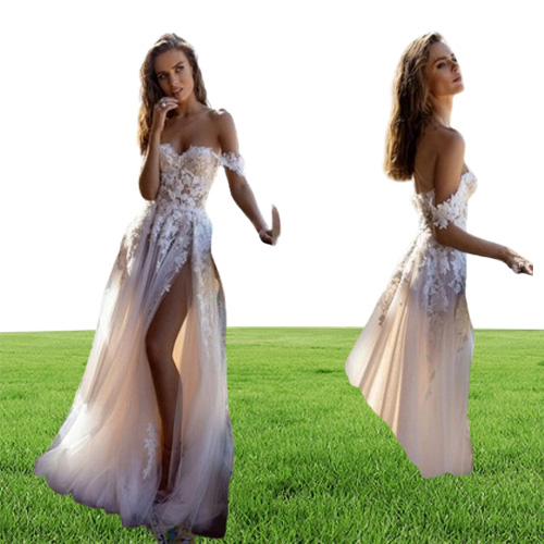 Liz Martinez Wedding Dresses Off the Shoulder Lace Appliques Tulle A Line Beach Wedding Dress Custom Made High Split Vestidos De N