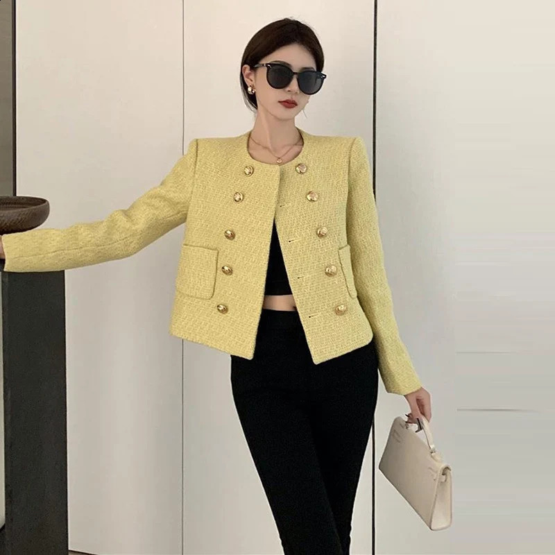 Women Elegant Cropped Tweed Jacket Korean Fashion Double Breasted Long Sleeve Outwear AllMatch Yellow Spring Autumn ONeck Coat 240307