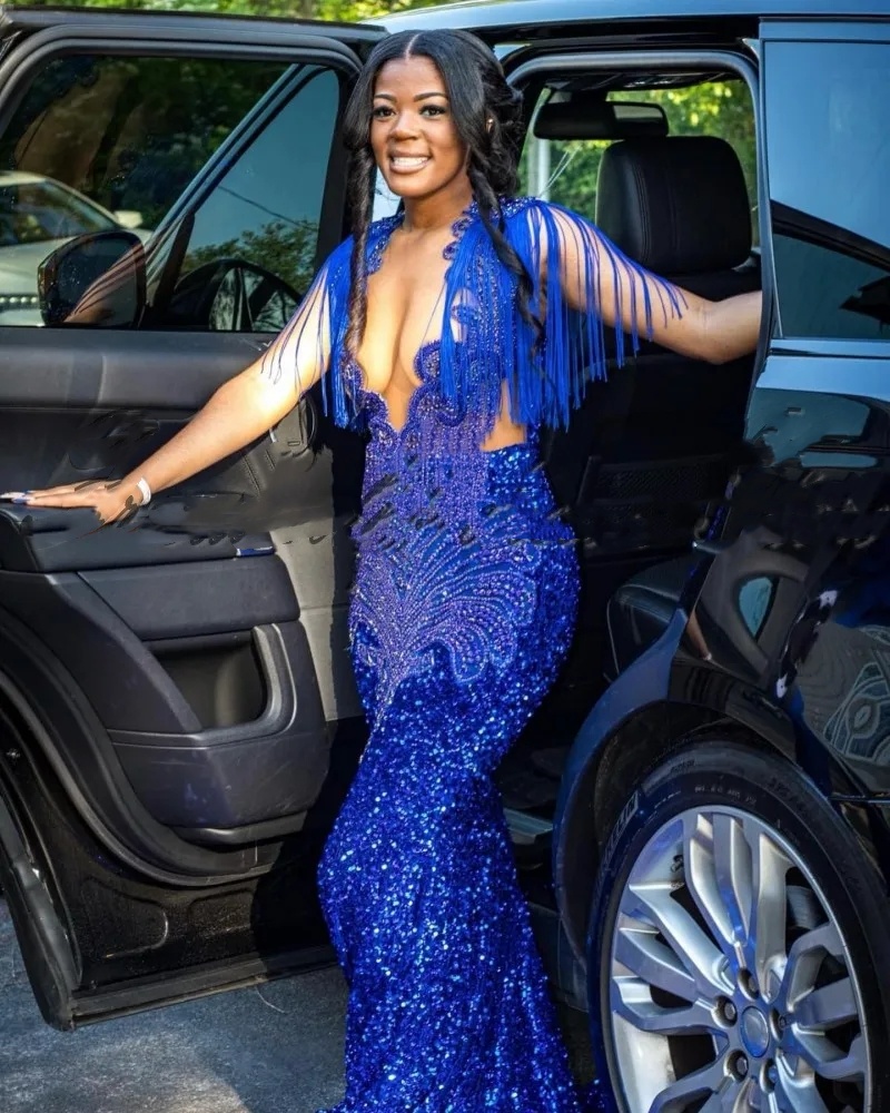 Prom Stunning Dresses Blue for Black Girls 2024 Sheer Neck Crystal Sequin Mermaid Birthday Party Gowns Robe De Bal