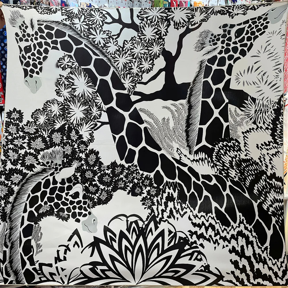 POBING Silk Cashmere Scarf Women Hand Rolled Shawls Giraffe Print Square Scarves Wraps Bandana Big Hijabs Female Foulard 135CM 240314