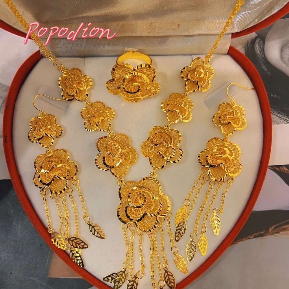 Popodion Dubai Gold Plated Flower Shaped Earrings Necklace Women's Ring Wedding Jewelry Three Piece Set YY10359
