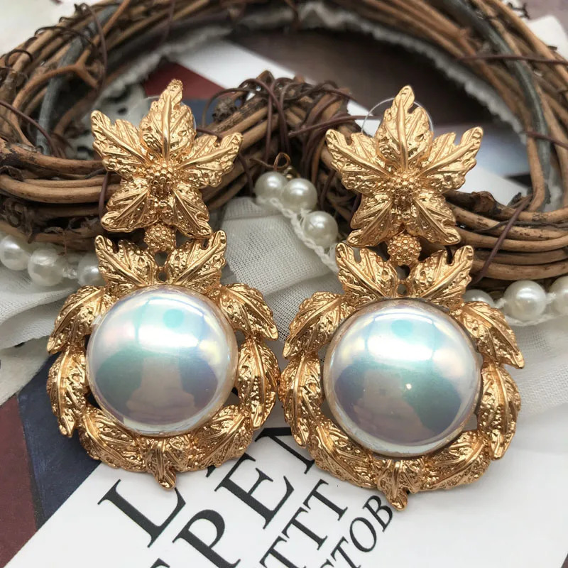 Baroque Earrings Oversive Pearl Metal Statement Plant Boho Wedding Party Jewelry 240305