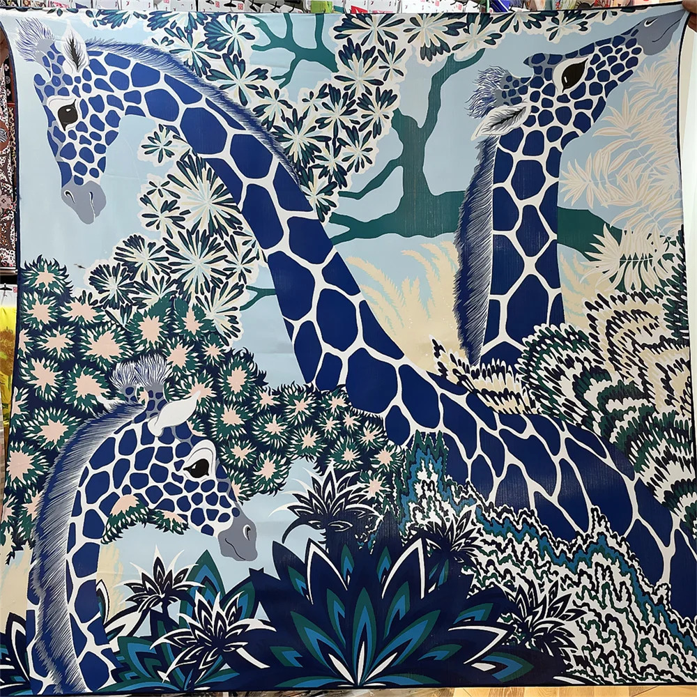 POBING Silk Cashmere Scarf Women Hand Rolled Shawls Giraffe Print Square Scarves Wraps Bandana Big Hijabs Female Foulard 135CM 240314