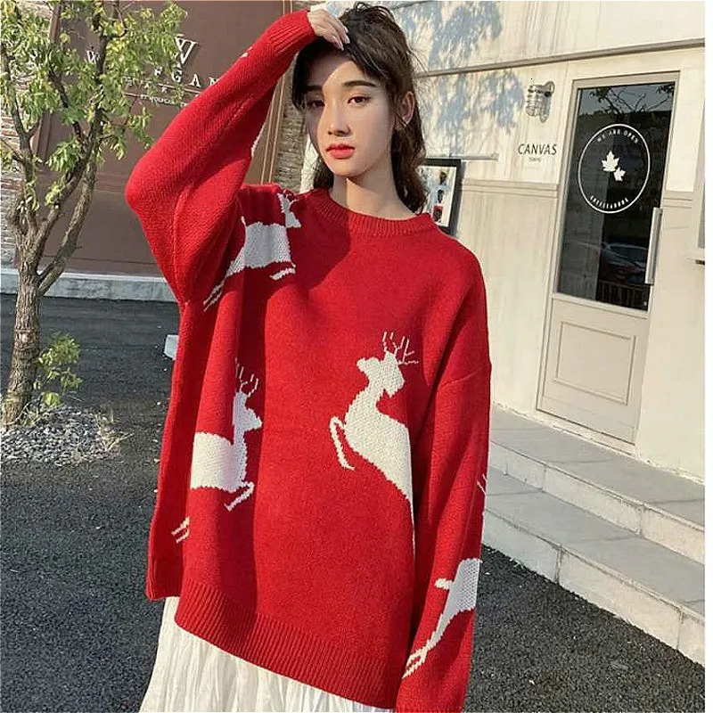 Sweater Christmas Warm Knitted Long Sleeve Autumn Pullovers Couple Chic Patchwork ONeck College Japanese Style Ins 240228