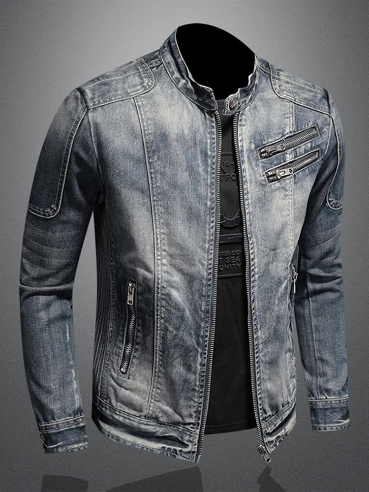 Denim Jacket Men Casual Loose Large Fashion Zipper Oneck Coat Man 2024 Spring Soft Amercian Long Sleeves Street Outwears 240311
