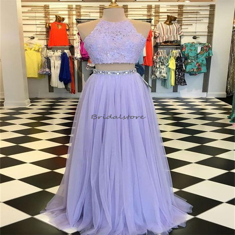Lilac Two Pieces Prom Dresses 2024 Sexy Halter Backless Boho Lace Evening Dress Elegant Birthday Formal Party Dress Flowy Violet Dress Vestios De Fies