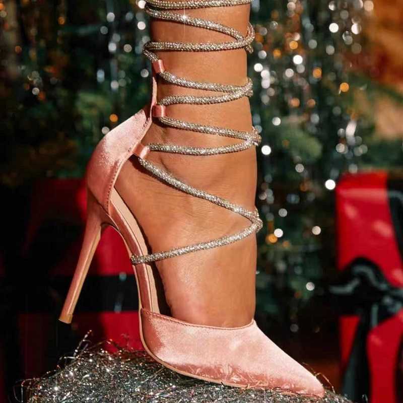HBP Non-Brand Dress shoes Rhinestone Heels 11CM Strap tip Simulated silk super high heels Rear zipper high top shoes Pointed toe Lace up Stiletto Sand