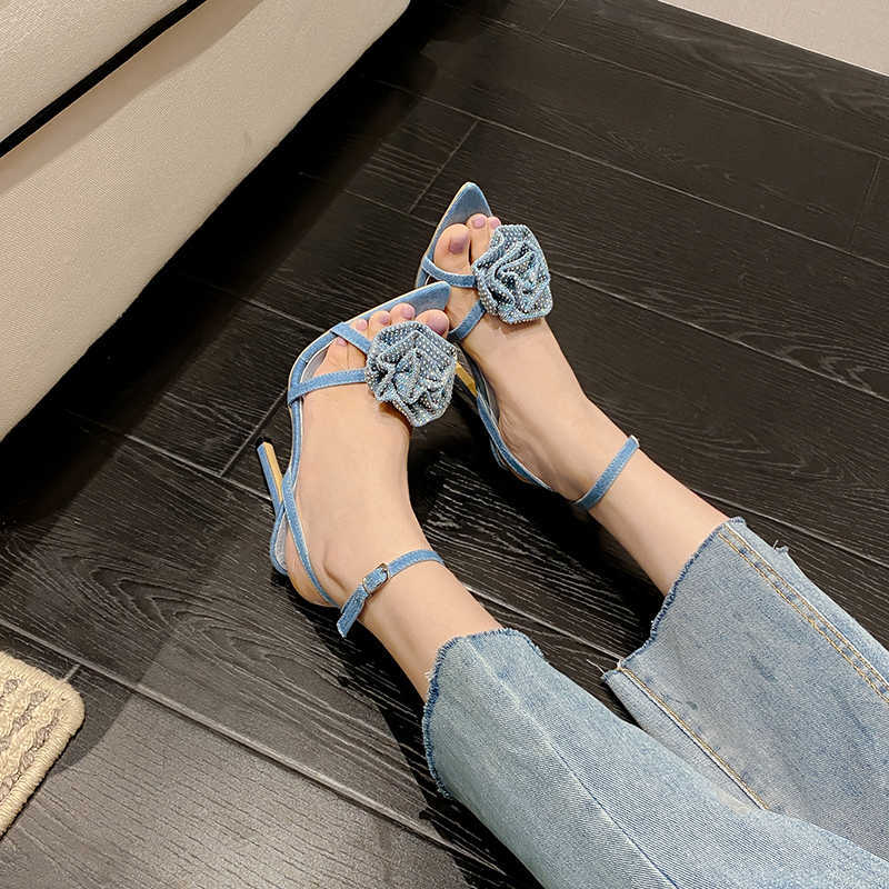 HBP Non-Brand Shoes New Rhinestone Rose Blossom Elegant Designer Womens Sexy Pointed Party High Heels Denim Sandals Water Diamond Stiletto Heels Sanda