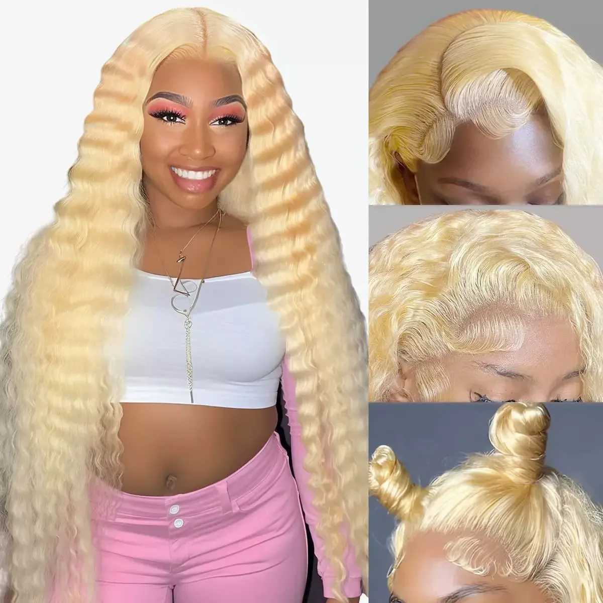 Synthetic Wigs 180 Density 613 Frontal Preplucked Deep Wave Human Hair 13X4 Blonde Lace Front Wig For Women 240328 240327