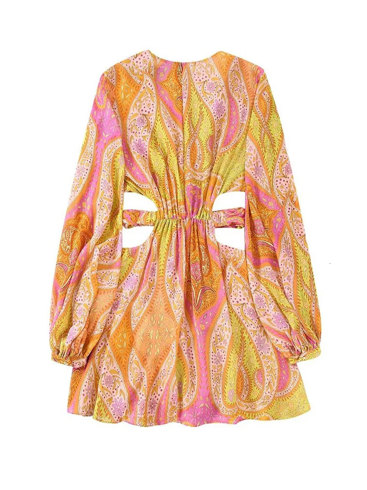 Willshela Women Fashion Printed Hollow Out Back Zipper Mini Dress Vintage VNeck Long Sleeves Female Chic Lady Dresses 240305