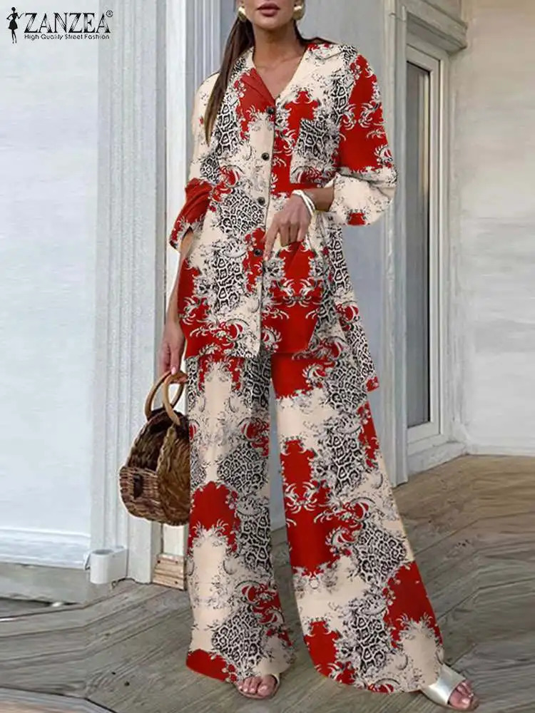 ZANZEA Printing Wide Leg Trousers Outfits Women Fashion Top and Pant 2pcs Pant Sets Long Sleeve Long Shirts Casual Tracksuits 240305