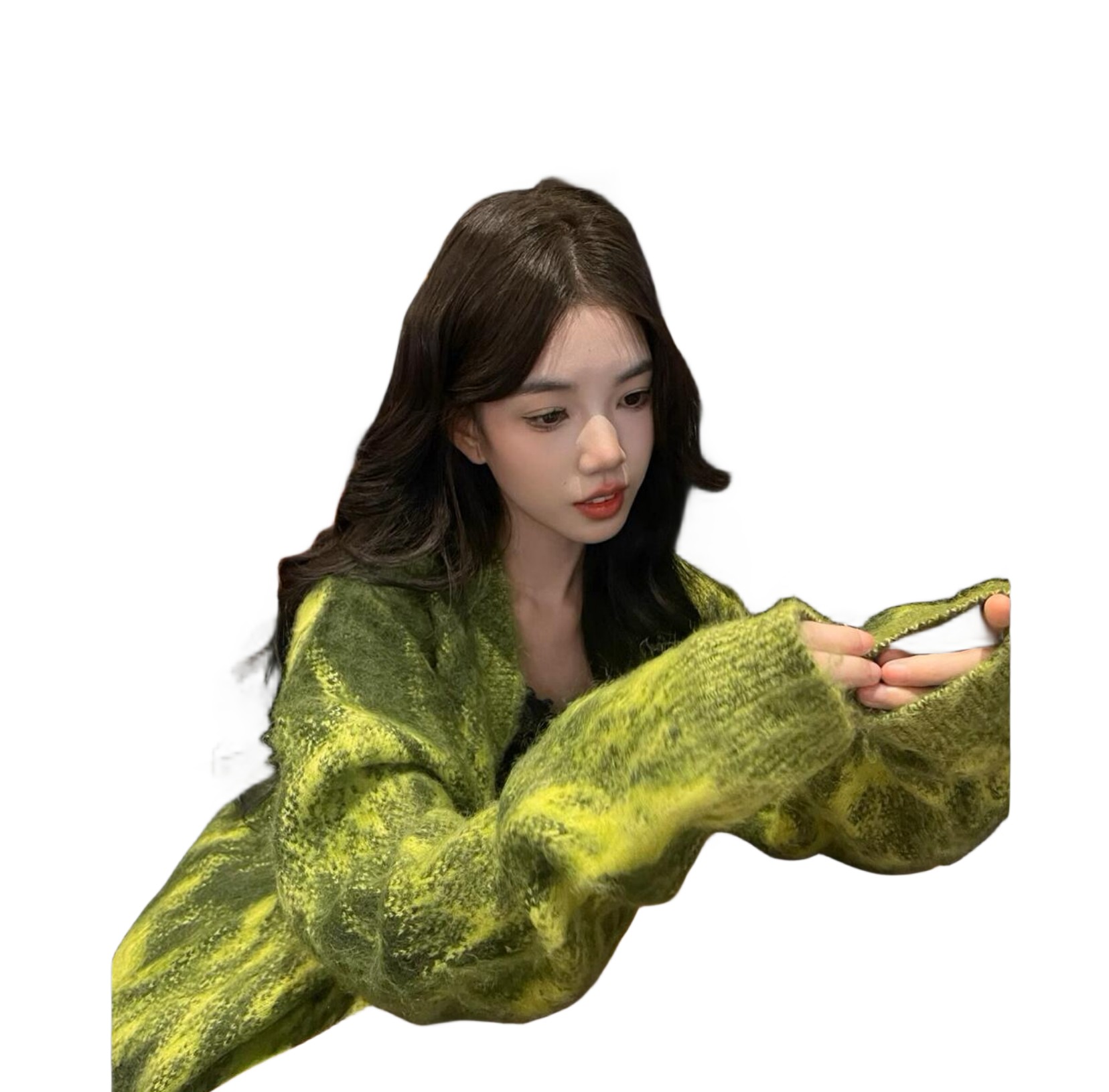 Womens mens tie-dying green color v-neck single breasted mohair wool knitted sweater cardigans coat SMLXL