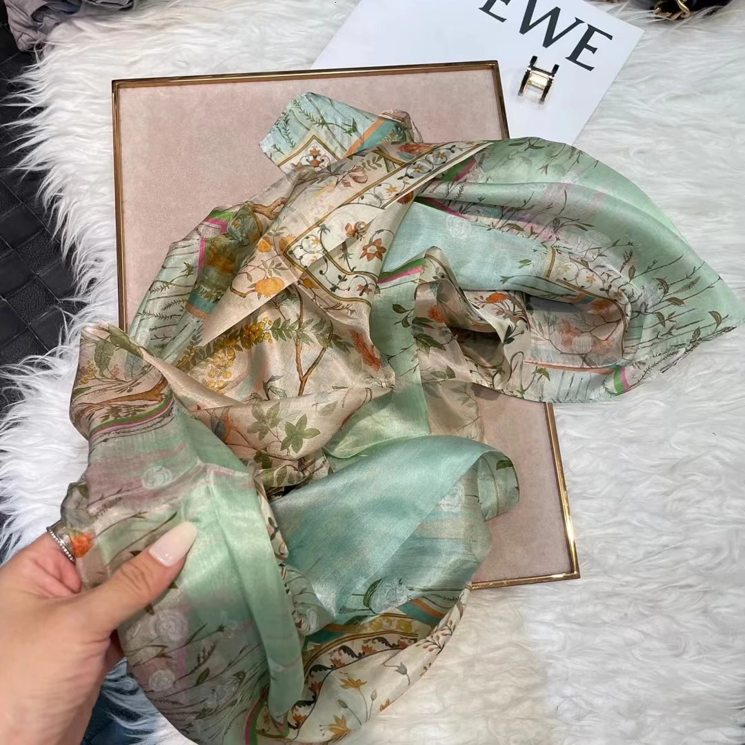 BYSIFA| Light Green Silk Scarf Ladies Fashion Spring Summer Floral Beach Scarves Shawls Fall Winter Long Scarves Wraps 180*110cm 240314
