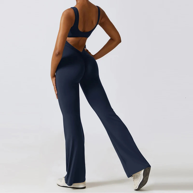 V Back Scrunch Gym Set Women Sport OnePiece Suit Yoga Flared Pants Sports Jumpsuit Fitness Rompers Workout Bodysuits 240307