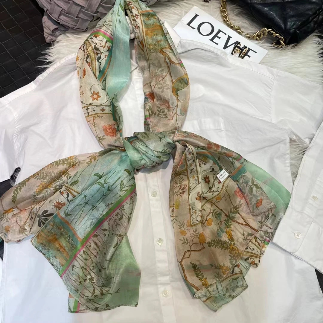 BYSIFA| Light Green Silk Scarf Ladies Fashion Spring Summer Floral Beach Scarves Shawls Fall Winter Long Scarves Wraps 180*110cm 240314