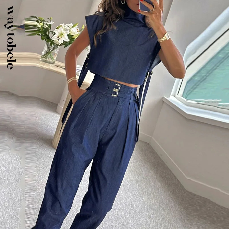 Waytobele Women Two Piece Set Summer Fashion Office Solid High Neck Short Sleeve Top Straight With Pockets Buckle Pants Sets 240314