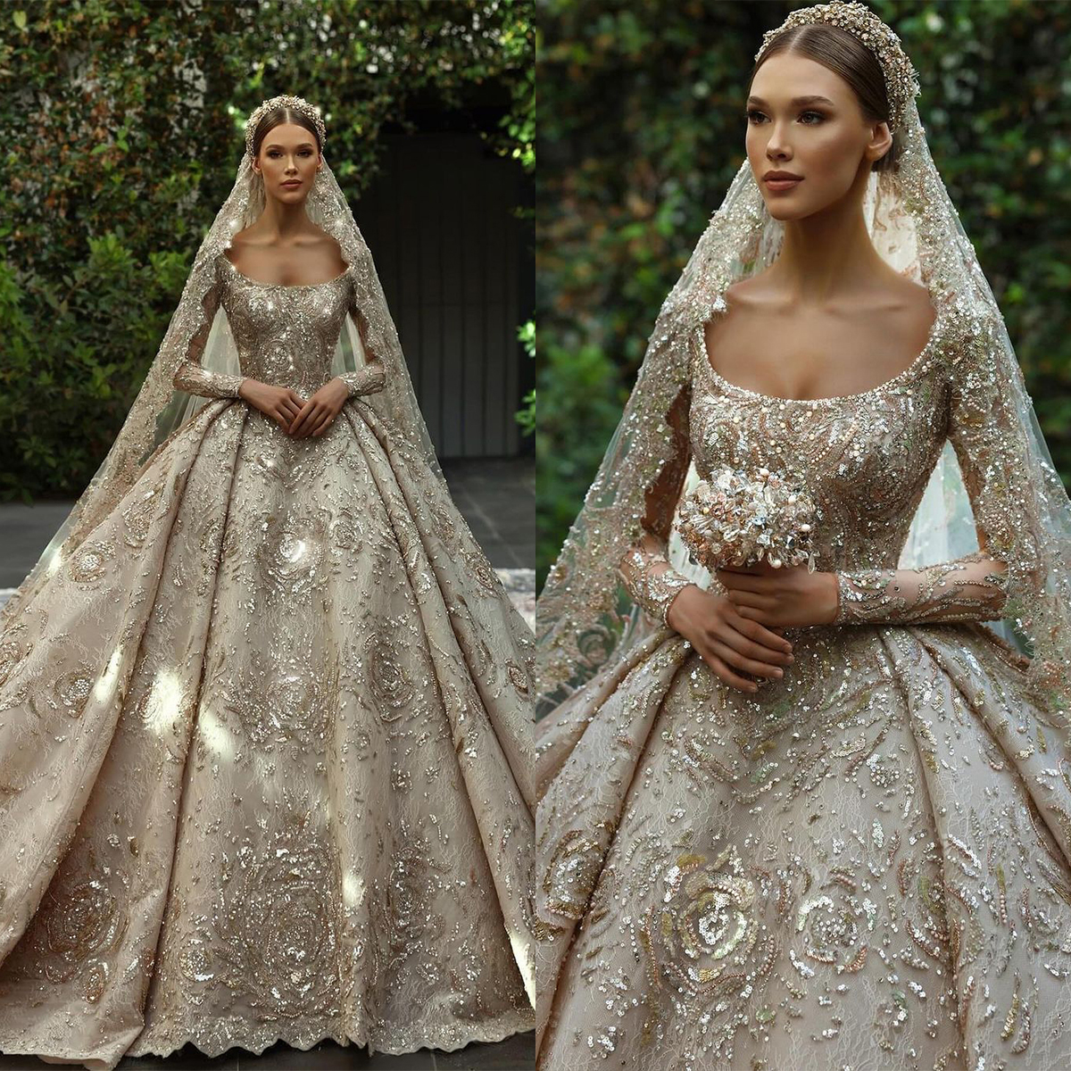 Gorgeous Women Wedding Scoop Neck Long Sleeves Bridal Gowns Sequins Appliques Court Train Dress Custom Made vestidos de novia
